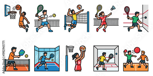 A collection of colorful, flat-style icons depicting people playing various sports like basketball, tennis, volleyball, badminton, squash, pickleball, and dodgeball, representing an active lifestyle.