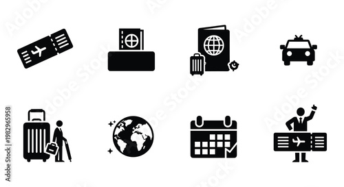 Travel and tourism icon set, black solid vector icons for airport and vacation planning, collection of 8 travel symbols for web and mobile apps