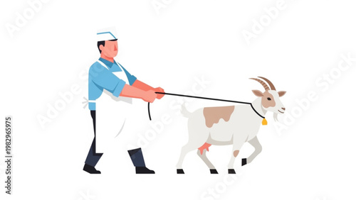 Butcher or Farmer Leading a Goat with Rope Illustration