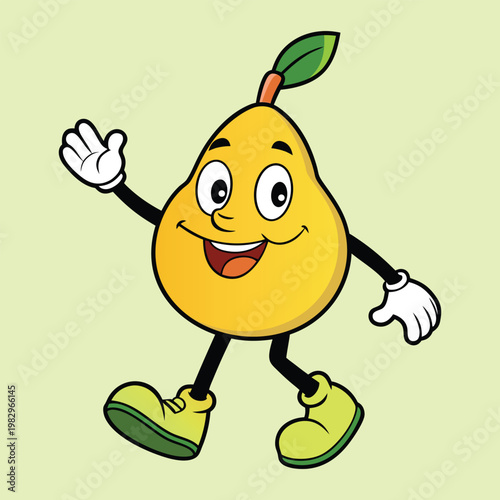 A cheerful yellow pear character with a funny smiley face is designed as a cute comic fruit illustration featuring a happy bee and sweet nature elements in this vector art