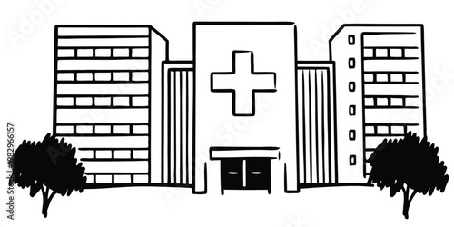 Minimalist Black and White Line Drawing Illustration of a Modern Hospital Building with Cross and Trees