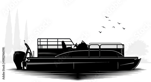 Pontoon Boat Silhouette with Birds and Trees on Water, Vector Illustration