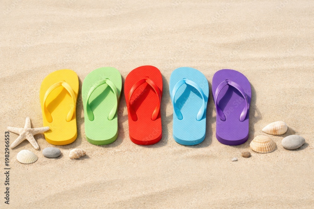 Fototapeta premium Colorful flip-flops arranged on a sandy beach with seashells and starfish