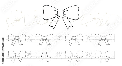 Illustrations of a decorative ribbon bow and repeating patterns for crafting and gift wrapping decoration ideas for kids.