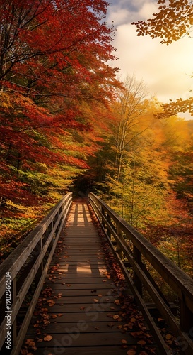 Wooden boardwalk path through vibrant autumn forest with red and yellow foliage during golden hour sunlight
