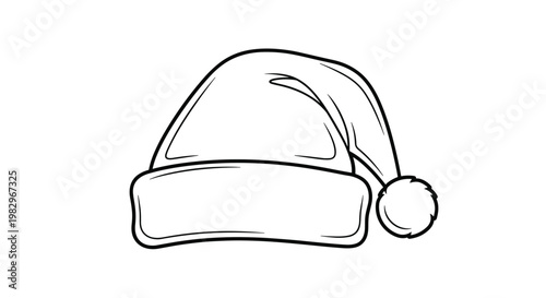 Outline drawing of a santa hat with a fluffy trim and pom-pom for christmas holiday themed coloring books and craft projects.