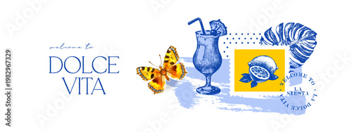 Hand drawn sketch tropical poster. Dolce vita summer vibe. Vintage summer Italy Mediterranean coastal vacation banner. Vector illustration