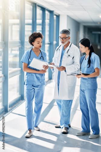 Senior doctor consulting with nurses while walking hospital corridor