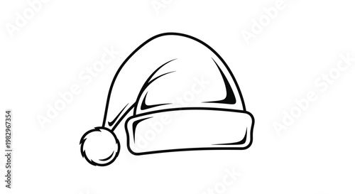 Hand drawn style santa hat illustration with a thick trim and pom-pom for winter holiday season decorations and activities.
