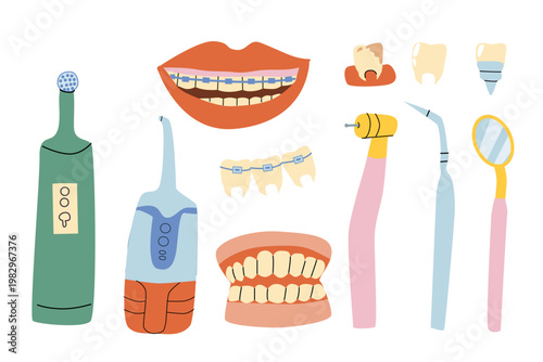Dentistry concept with dental tools and teeth cleaning items. Flat vector illustration in cartoon style, oral care products for hygiene and treatment isolated on white.