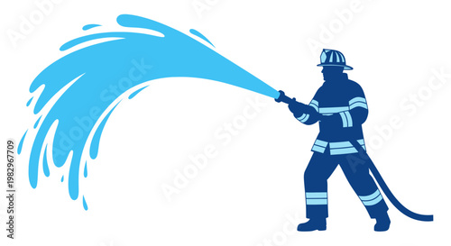 Firefighter silhouette spraying water with hose, emergency service, firefighting concept