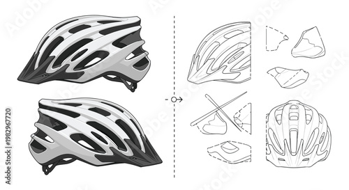 Technical diagram showing a bicycle helmet design from different angles and its components for product safety and construction.
