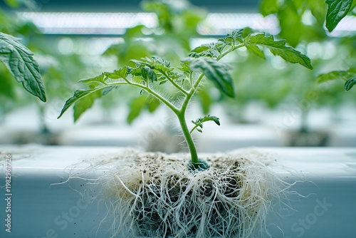 Canvas Print Tomato seedling with visible root system in a hydroponic nursery