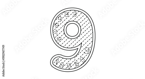 Number nine coloring page with dashed lines and internal tracing guides designed to help children practice handwriting and numerical recognition.