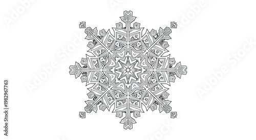 Intricate snowflake illustration isolated on white background, winter holiday design element