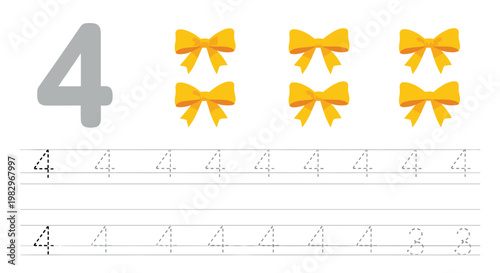 Educational tracing worksheet for the number four featuring six yellow bows and multiple rows of dashed numbers for preschool handwriting practice.