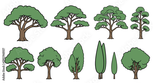 Comprehensive set of various tree species and shapes in green and brown colors suitable for architectural site plans or landscape design projects.