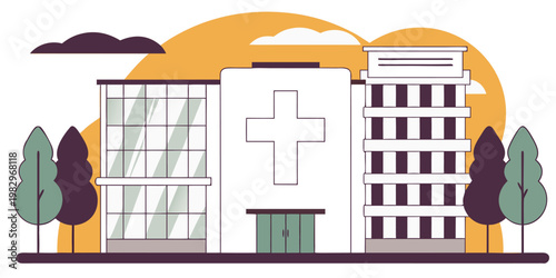 Modern hospital building illustration with medical cross symbol and sunset background for healthcare facility design concept