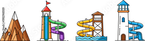 Colorful playground slides and mountain landscape icon set with water slide towers outdoor recreation elements flat illustration collection