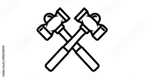 Pair of crossed hammers with thick black outlines creating a strong and recognizable icon for carpentry, construction, or repair services.