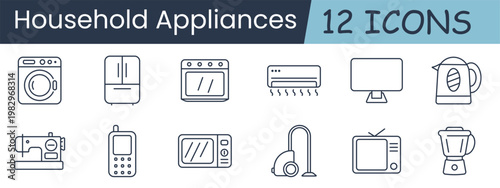 Household appliances set icon. Washing machine, fridge, oven, air conditioner, monitor, kettle, sewing machine, phone, microwave, vacuum cleaner, television, blender.