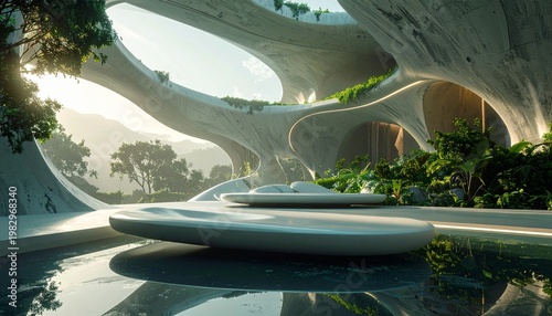 Curved lounge structure inspired by organic growth patterns, seamless design with soft reflections and gentle light gradients
