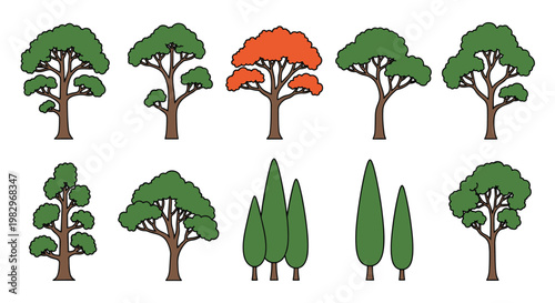 Varied set of tree illustrations in green shades with one standout orange tree perfect for seasonal transitions or architectural landscape layouts.
