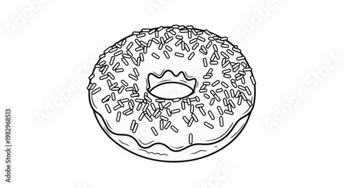 A black and white line drawing of a round donut covered in sprinkles