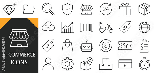 E-commerce & Shopping icon set. Containing store, delivery, payment, discount, tracking, support, gift and analysis icons. Line icon set.