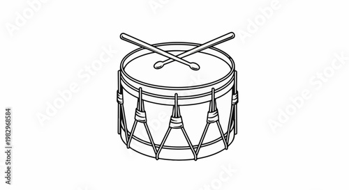 A black and white line drawing of a snare drum with crossed drumsticks