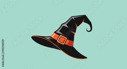 Classic black witch hat with an orange band and buckle set against a soft teal background for magical halloween greeting cards and party themes.