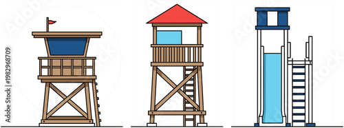 Wooden lifeguard tower and playground slide structure set minimal flat illustration outdoor equipment design isolated on white background