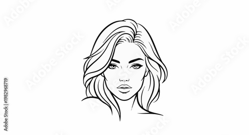 A black and white line drawing of a woman's face and shoulders