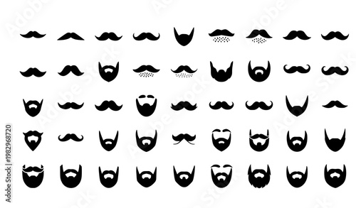 Beard and mustache icon collection vector 50 styles grooming set isolated on white background