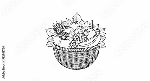 A black and white line drawing of a woven basket overflowing with various fresh fruits