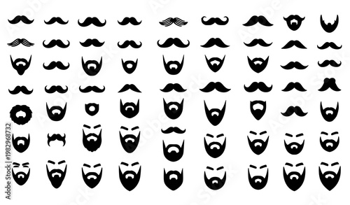 Mustache and beard icon set vector 50 grooming styles silhouettes isolated on white