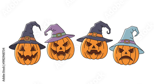 Row of four carved Halloween pumpkins wearing colorful witch hats with different spooky expressions ranging from happy to angry.