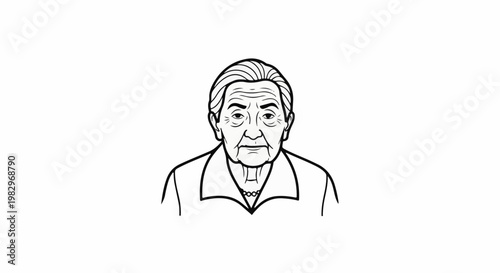 A black and white line drawing portrait of an elderly woman with visible wrinkles