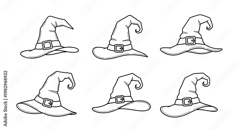 Obraz premium Set of six unique witch hats with various shapes and buckle details presented in a simple black outline style for Halloween crafts.