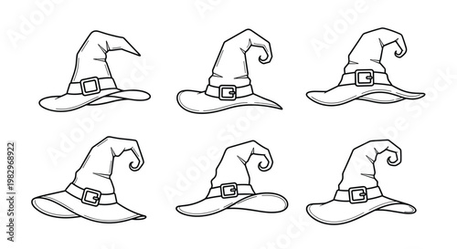 Set of six unique witch hats with various shapes and buckle details presented in a simple black outline style for Halloween crafts.
