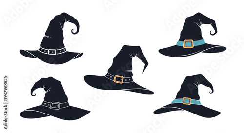 Five silhouettes of pointed witch hats with various buckle designs and bands in shades of blue and white for Halloween themes.