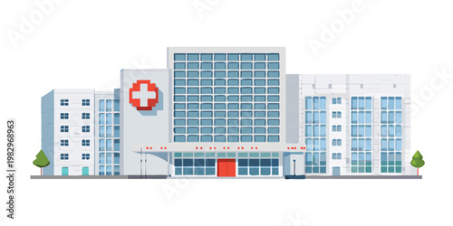Modern hospital building illustration with medical emergency symbol and clean geometric architectural facade exterior design