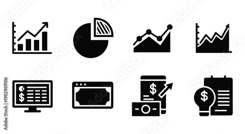 Business analytics and financial growth icons showing charts and investment reports isolated on a white background for marketing.