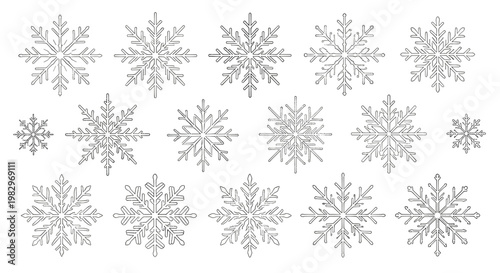 Large collection of diverse snowflake shapes and designs in black outline ranging from simple stars to complex crystalline patterns.