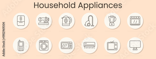Household appliances set icon. Minimal line badges, refrigerator, sewing machine, electric kettle, vacuum cleaner, blender, oven, mobile phone, washing machine, microwave, air conditioner, television