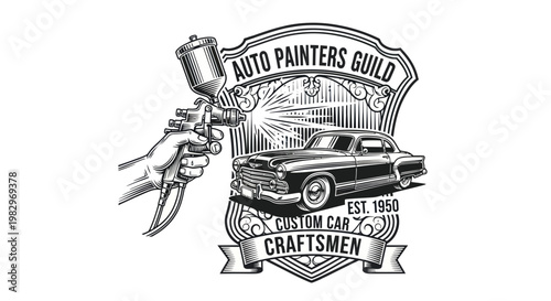 Vintage Auto Painters Guild Emblem with Spray Gun and Classic Car