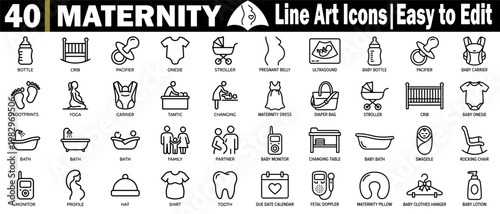 Maternity line art icons. Collection including baby bottle, crib, pacifier, onesie, stroller, pregnant belly, ultrasound, baby carrier, and footprints, vector illustration.