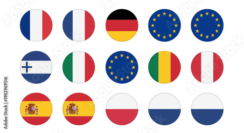 European Union and National Flags Collection: Circular Icons on White Background