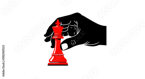 Hand holding red chess king piece, strategy and decision making concept