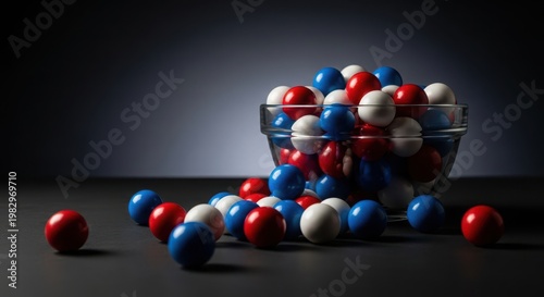 Bowl overflowing with red, white, and blue gumballs